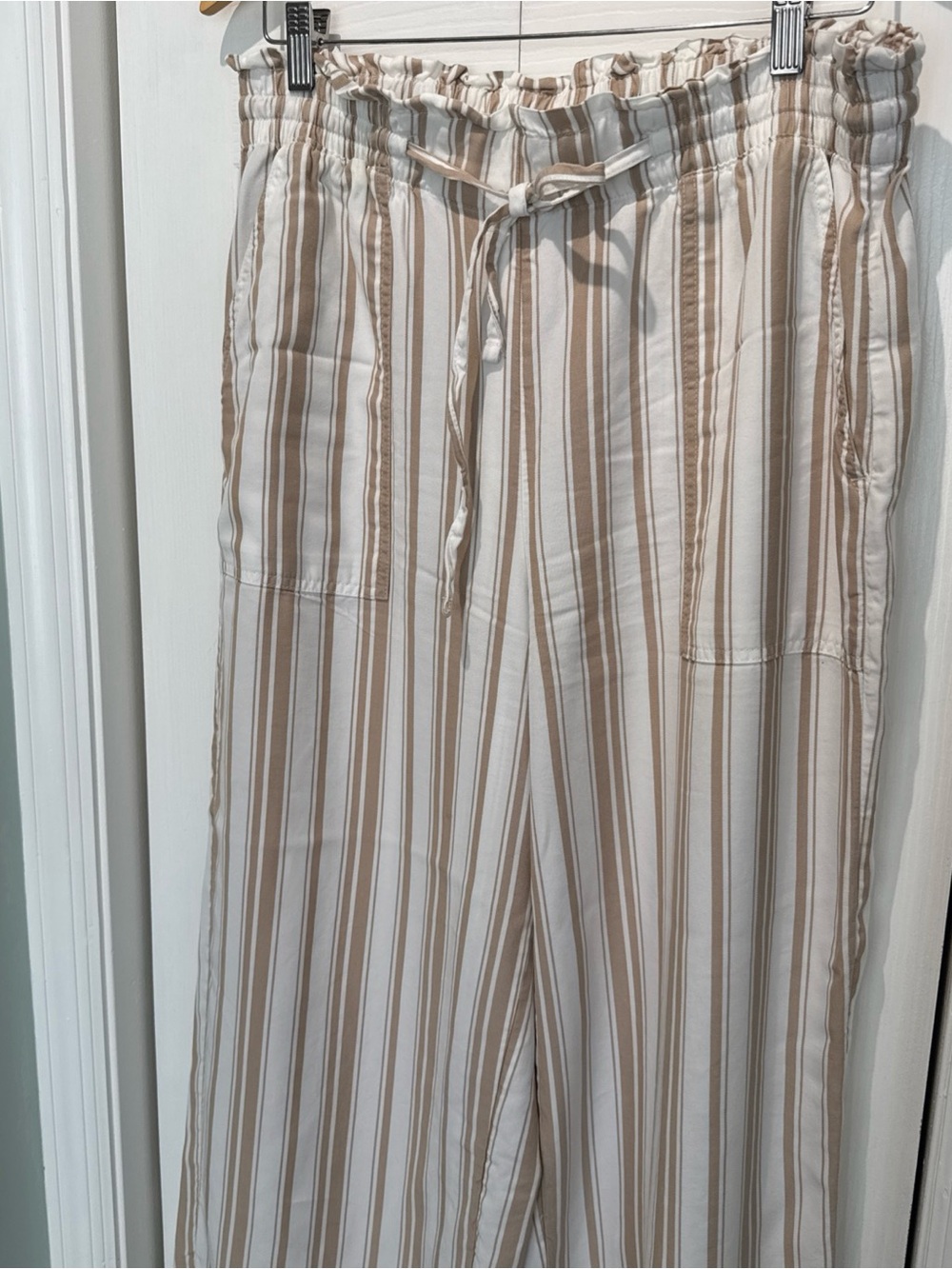 Women's Cream Striped Wide-Leg Drawstring Pants